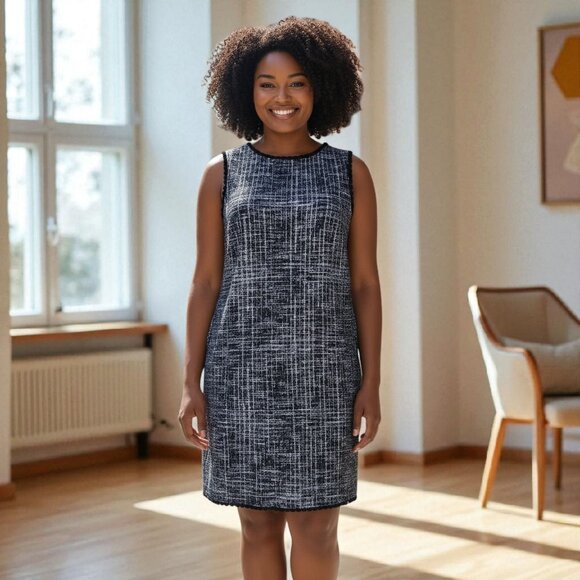 LOFT Outlet Petite Black & Blue Tweed Fringe Shift Dress - Picture 1 of 9